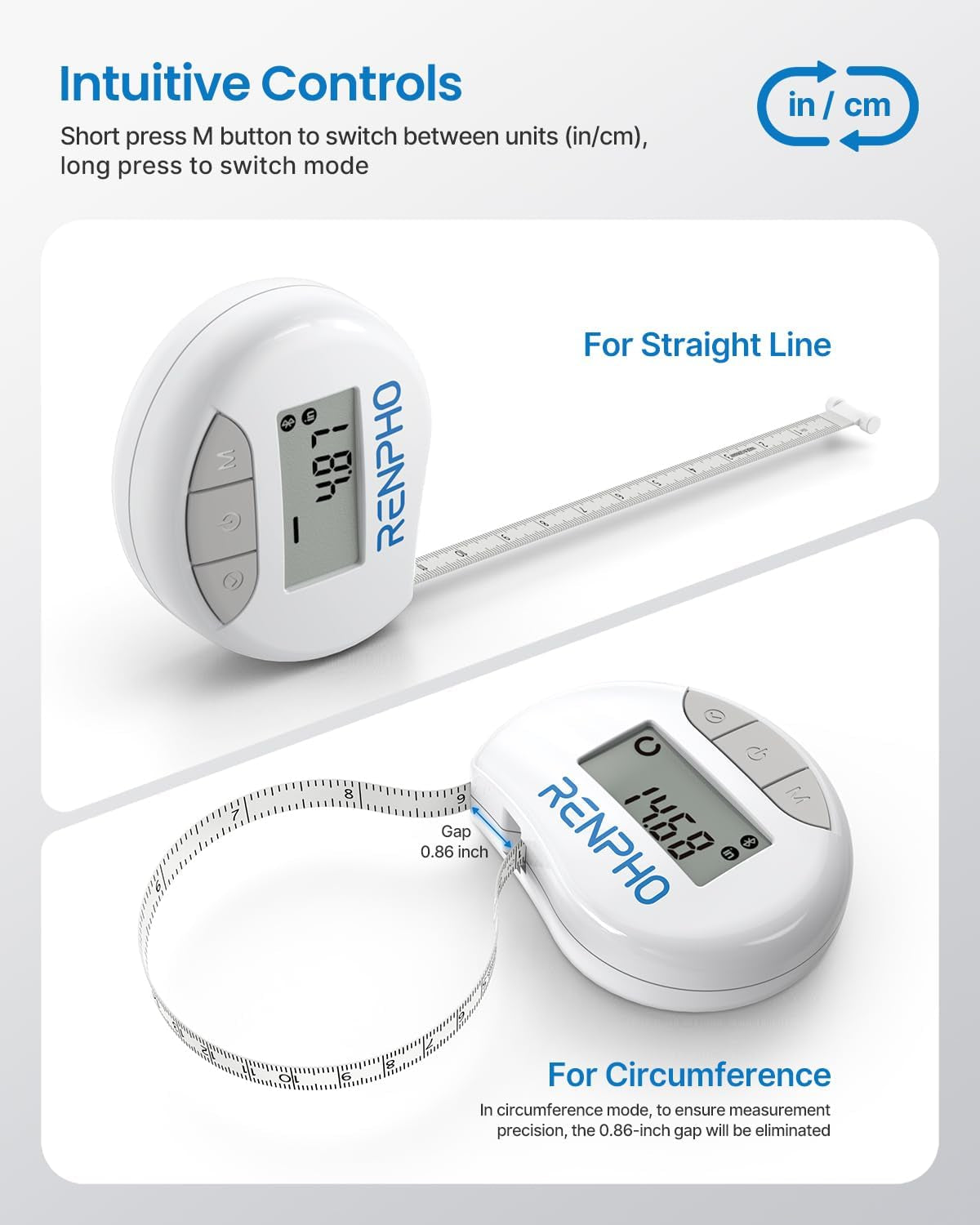 Body Measuring Smart Tape: Measuring Waist, Hip, Bust, Arms, Muscle Gain, Retractable, 60In /150Cm, White