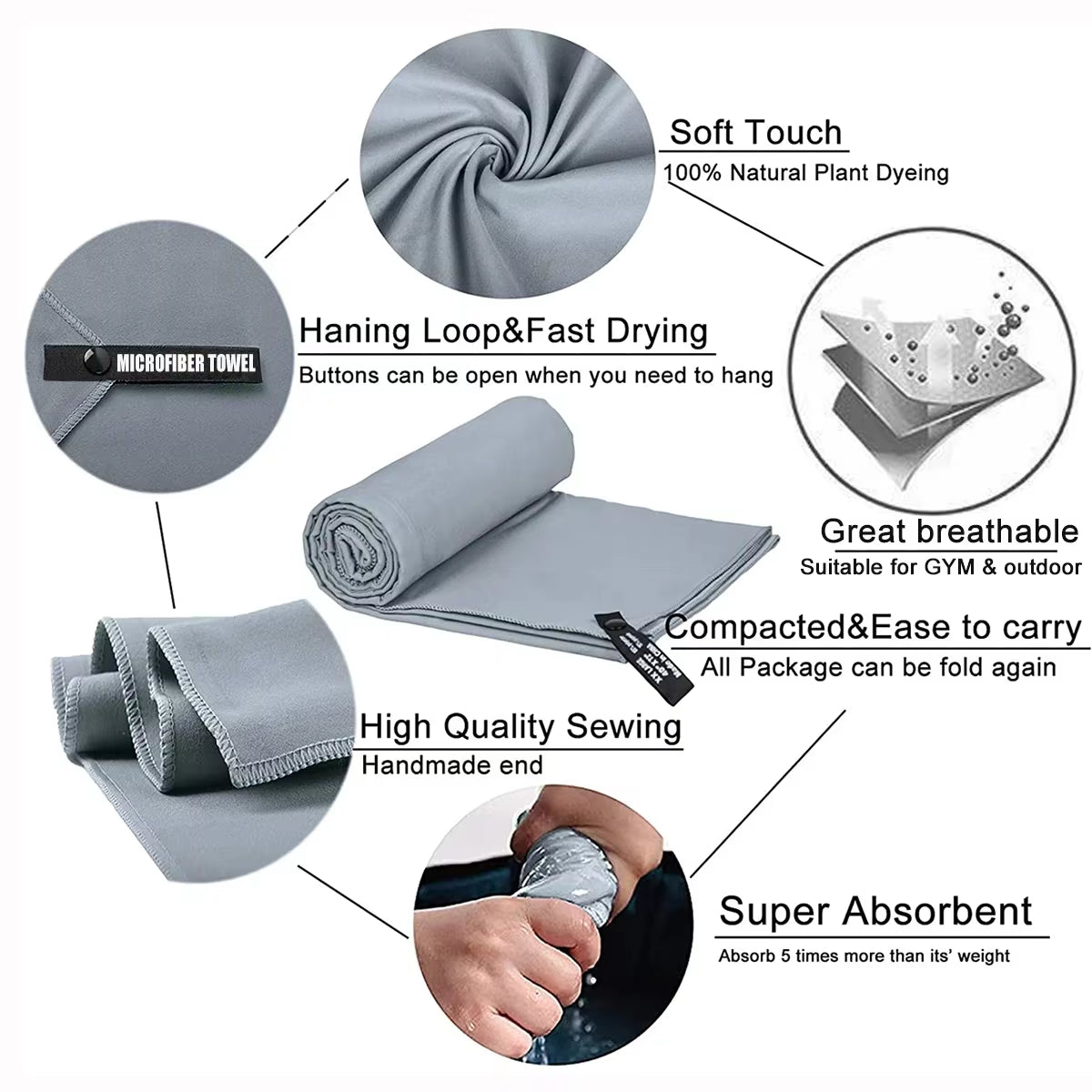Microfiber Quick Dry Gym Towel Silver ION Odorfree Absorbent Fiber Fast Drying Workout Gear for Body Sweat Working Out