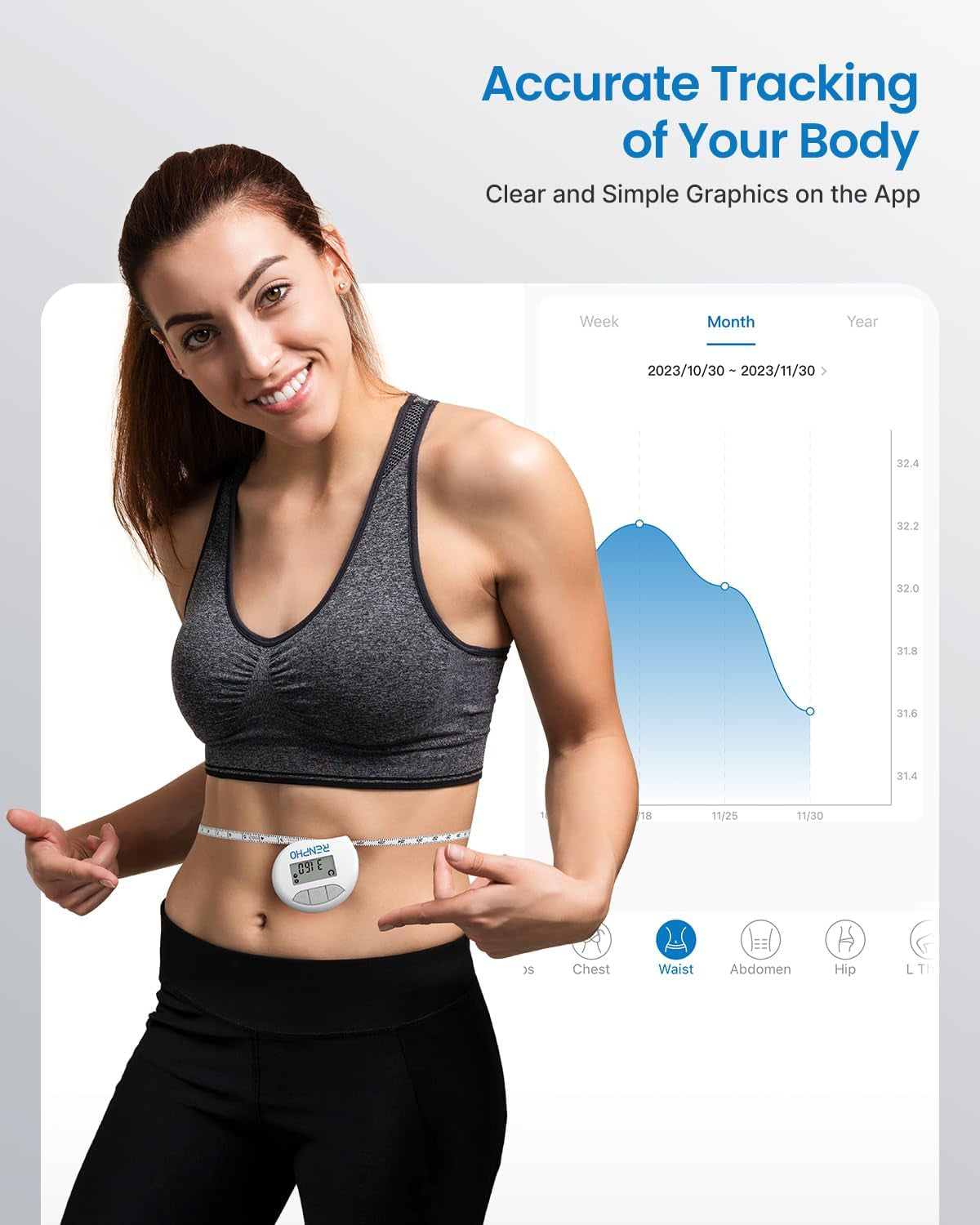 Body Measuring Smart Tape: Measuring Waist, Hip, Bust, Arms, Muscle Gain, Retractable, 60In /150Cm, White