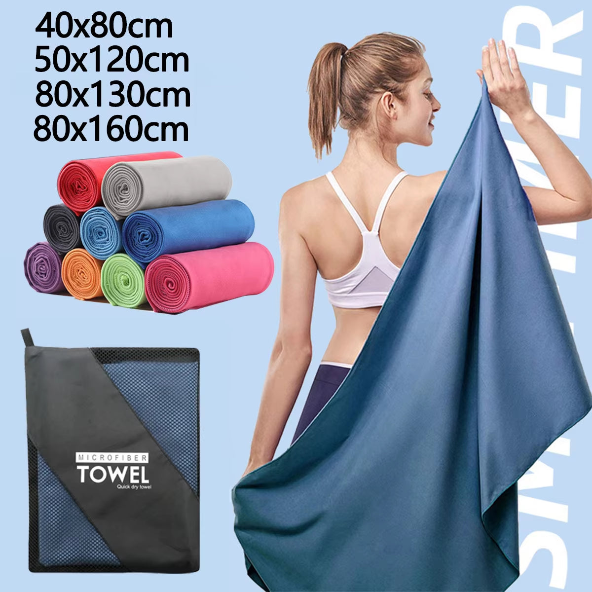 Microfiber Quick Dry Gym Towel Silver ION Odorfree Absorbent Fiber Fast Drying Workout Gear for Body Sweat Working Out